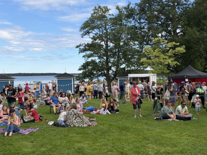 Människor firar på badstranden Plagen under evenemanget "Picnic on the Beach" i soligt väder.