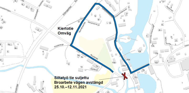 Kartta Ruukintien siltatyömaasta ja kiertotiestä. Karta över broarbetet på Bruksvägen och omvägen.n.
