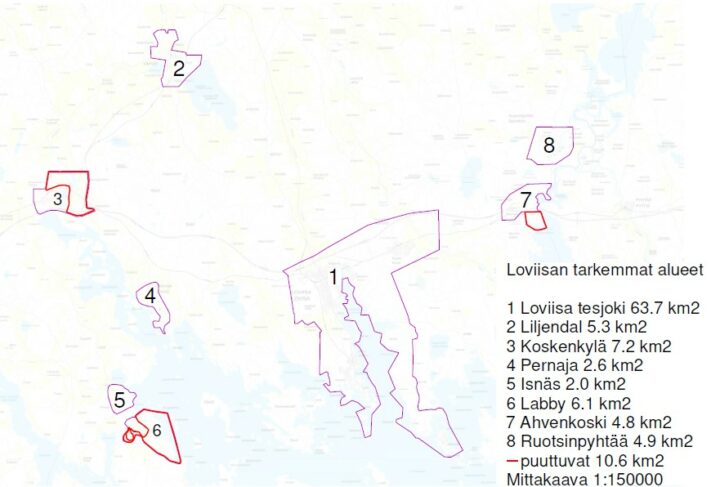 Loviisan N2000 alueet, joissa tarkempi kantakartta