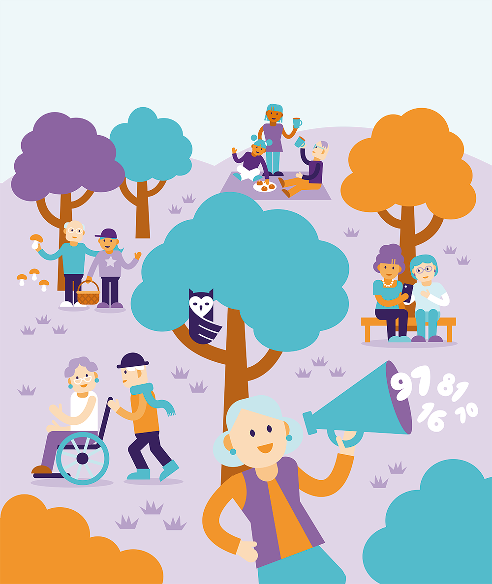 Skiss av en park med äldre människor på en vandring, sittande på en bänk och ha picknick